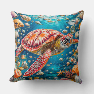 Coussin Scène de récif de corail vibrant avec tortue marin