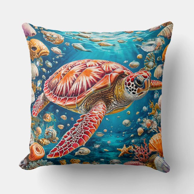 Coussin Scène de récif de corail vibrant avec tortue marin (Recto)