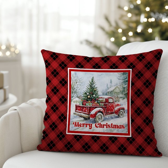 Coussin Scène de vacances nostalgique d'un camion rouge ru (Nostalgic red truck holiday scene rustic Christmas pillow

)