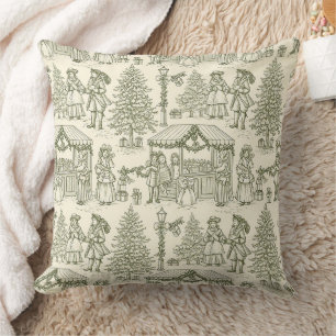 Coussin Scène de village de Noël vintage toile verte