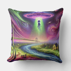 Coussin Scène d'enlèvement d'OVNI coloré, extraterrestre e