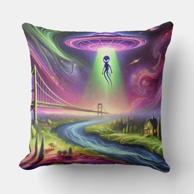 Coussin Scène d'enlèvement d'OVNI coloré, extraterrestre e (Recto)