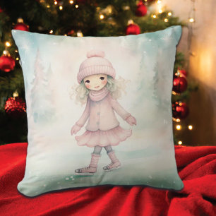 Coussin Scène d'hiver de la menthe et rose patinage fémini
