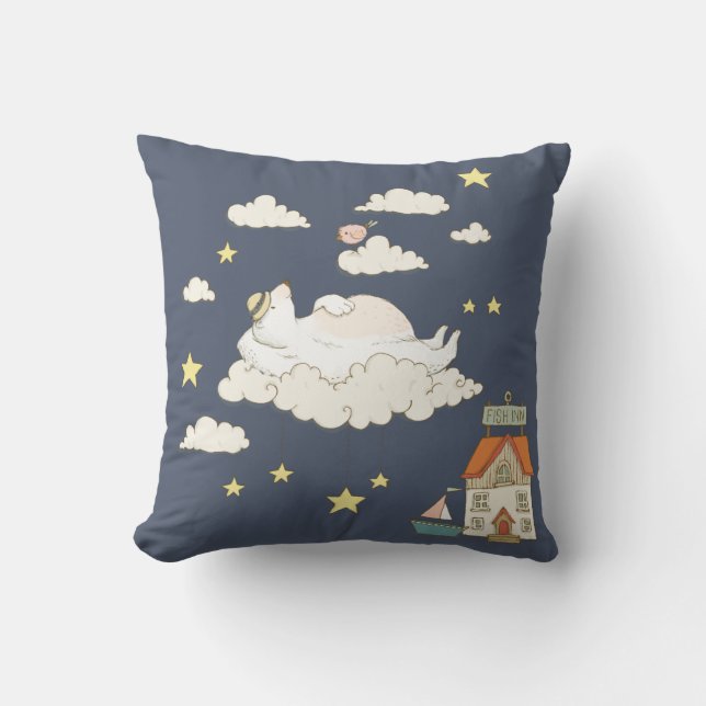 Coussin Scène d'illustration de nounours et d'oiseau migno (Recto)