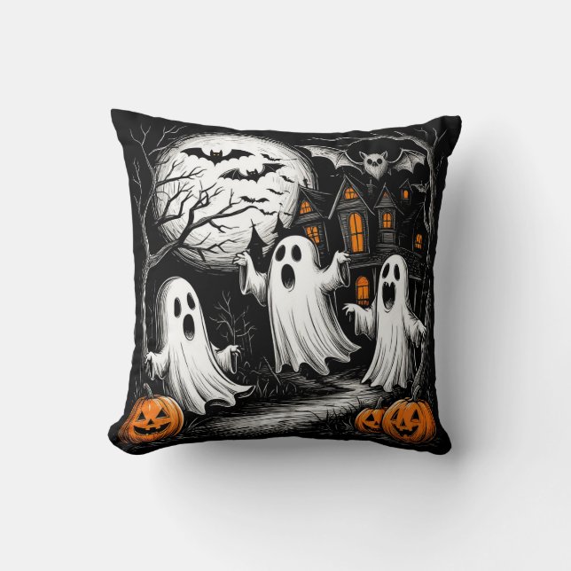 Coussin Scène effrayante d'Halloween avec des fantômes (Recto)