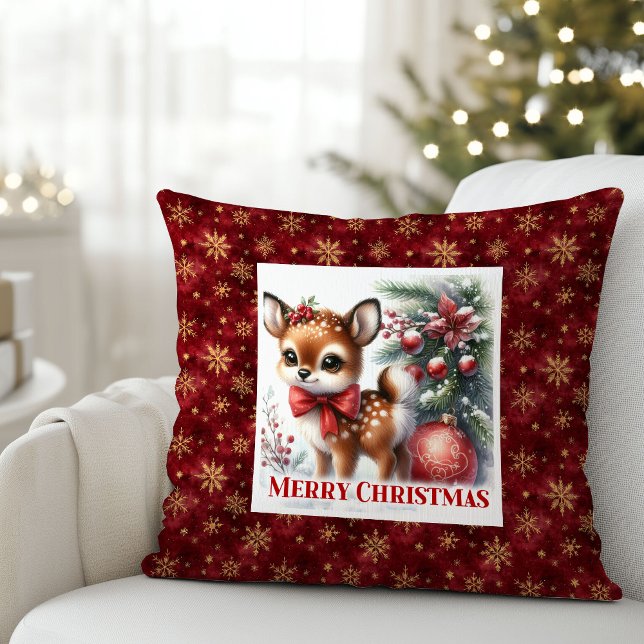Coussin Scène enneigée radieuse bébé cerf décoration de ch (Radiant snowy scene baby deer cozy kids room decor)