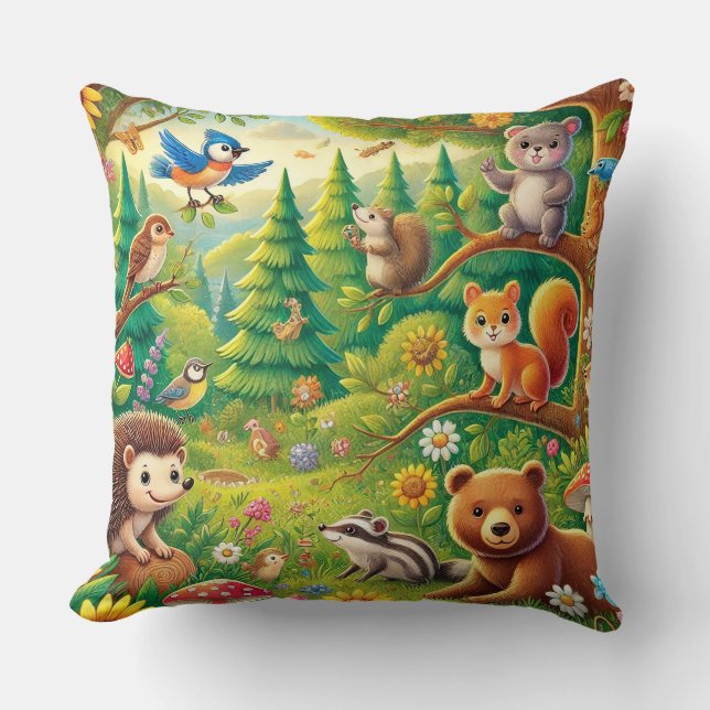 Coussin Scène fantaisiste de la forêt avec des animaux mig (Recto)