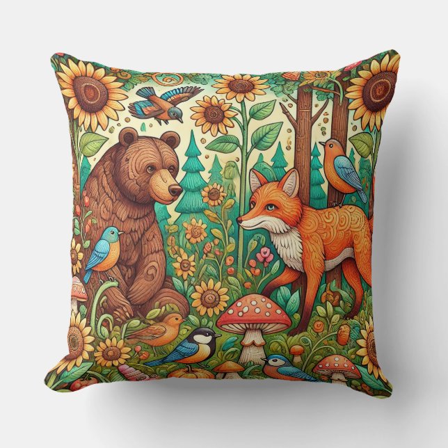 Coussin Scène fantaisiste de la forêt avec des animaux mig (Recto)