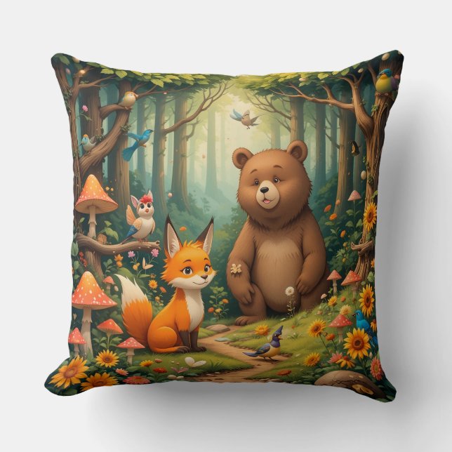 Coussin Scène fantaisiste de la forêt avec des animaux mig (Recto)