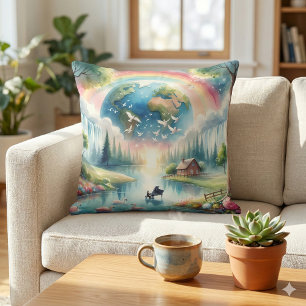 Coussin Scène fantastique de la Terre arc-en-ciel fantaisi