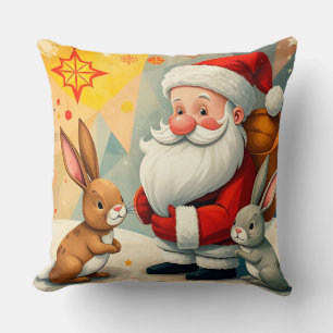 Coussin Scène festive du Père Noël avec de adorables lapin