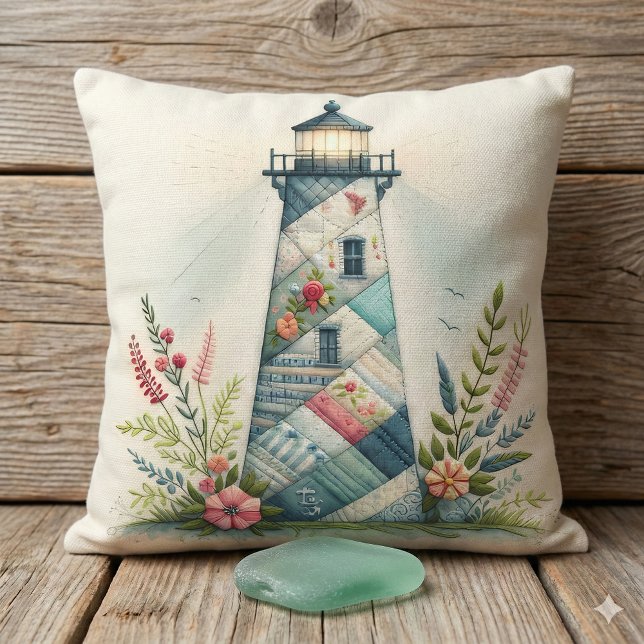 Coussin Scène florale côtière du phare patchwork (Patchwork Lighthouse Coastal Floral Scene Throw Pillow )