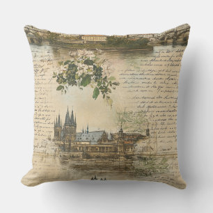 Coussin Scène fluviale européenne vintage - Script manuscr