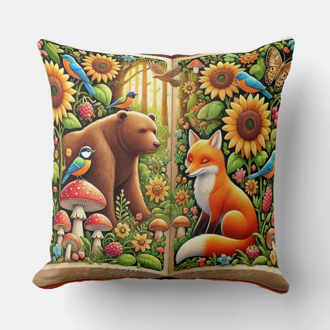 Coussin Scène forestière avec ours, renard, tournesols (Recto)