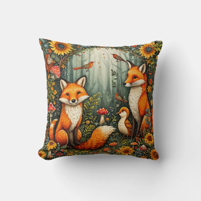 Coussin Scène forestière avec renards, oiseaux, tournesols (Recto)