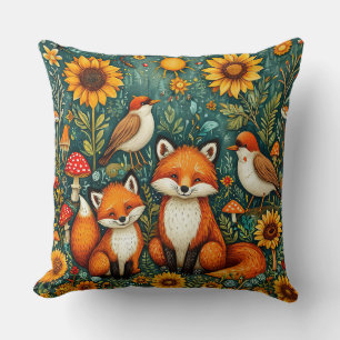 Coussin Scène forestière avec renards, oiseaux, tournesols