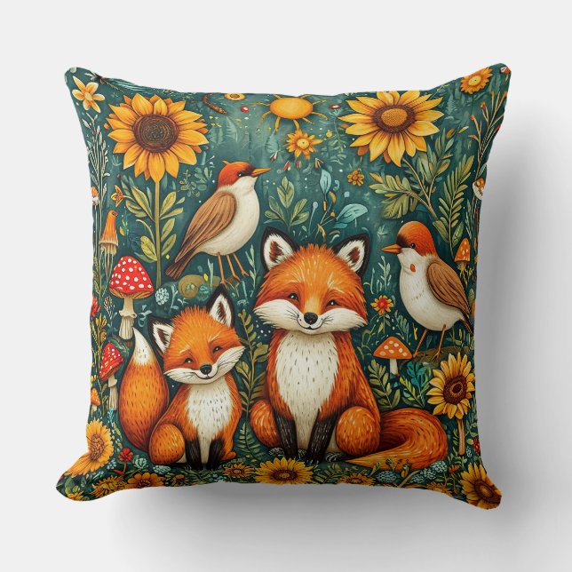 Coussin Scène forestière avec renards, oiseaux, tournesols (Recto)