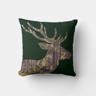 Coussin Scène forestière rustique cerf sur vert foncé
