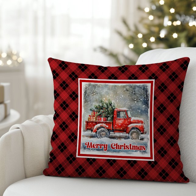 Coussin Scène hivernale charmante avec camion rouge rustiq (Charming red truck winter scene rustic holiday Throw Pillow )