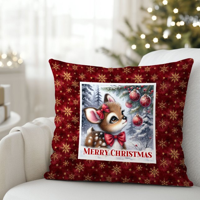Coussin Scène hivernale de bébé faon lumineuse pour la déc (Bright Baby Fawn Winter Scene Kids Room Decor Christmas Pillow

)