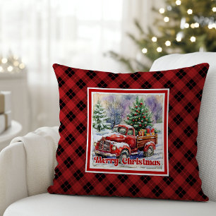 Coussin Scène hivernale de camion rouge invitante, vacance