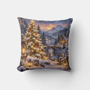 Coussin Scène hivernale de lac dans les bois de Noël