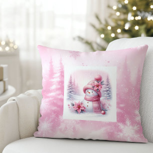 Coussin Scène hivernale de Pinkmas avec un bonhomme de nei