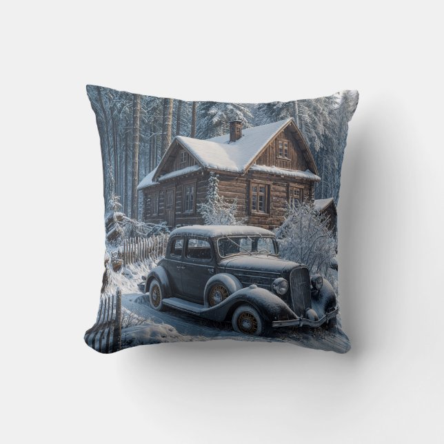 Coussin Scène hivernale d'une cabane enneigée dans les boi (Recto)