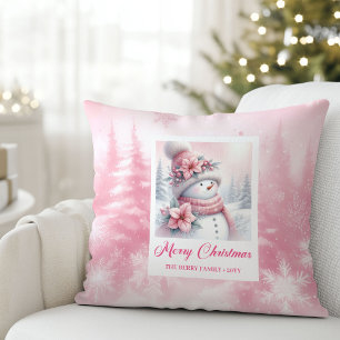 Coussin Scène hivernale élégante de bonhomme de neige rose