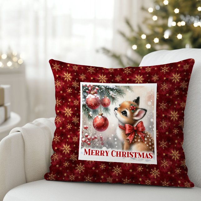 Coussin Scène hivernale rustique avec faon pour chambre d' (Rustic Baby Fawn Winter Scene Kids Room Decor Christmas Pillow

)