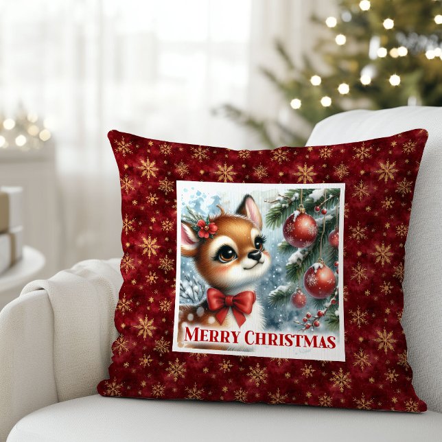 Coussin Scène hivernale rustique avec faon pour la décorat (Rustic Baby Fawn Winter Scene Kids Room Decor Christmas Pillow

)