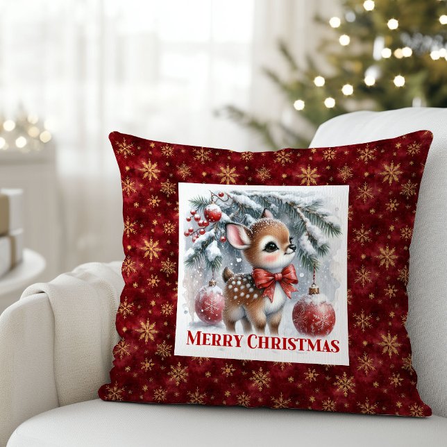 Coussin Scène hivernale silencieuse bébé faon enneigé Noël (Silent winter scene snowy baby fawn Christmas pillow)
