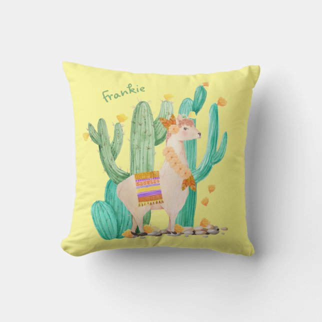 Coussin Scène mignonne de lama et de cactus - jaune (Recto)