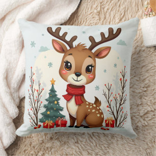 Coussin Scène mignonne de rennes de Noël dans une forêt en