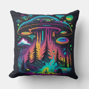 Coussin Scène néon d'UFO et d'aliens Art psychédélique