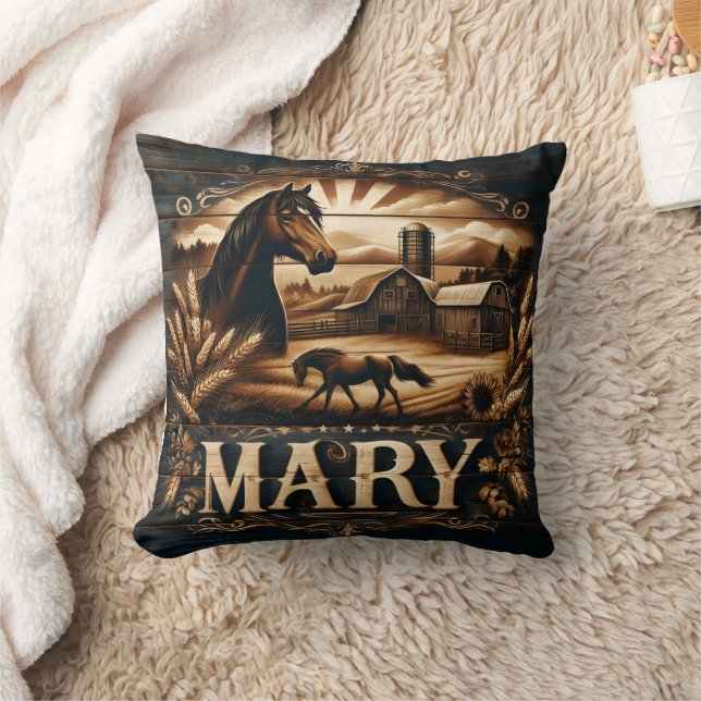 Coussin Scène rustique de ferme avec cheval et grange (Couverture)