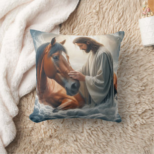 Coussin Scène sereine de Compassion avec Jésus et Cheval