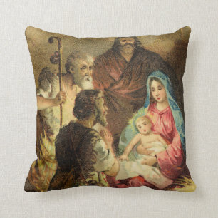 Coussin Scène vintage de nativité de tons d'or