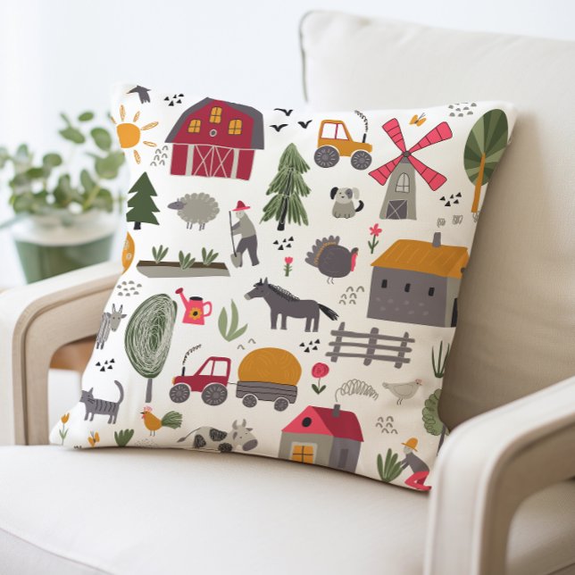 Coussin Scène Whimsical Farm Grange rouge et animaux (Créateur téléchargé)