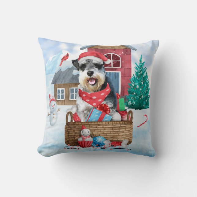 Coussin Schnauzer dans une maison de Noël enneigée (Recto)