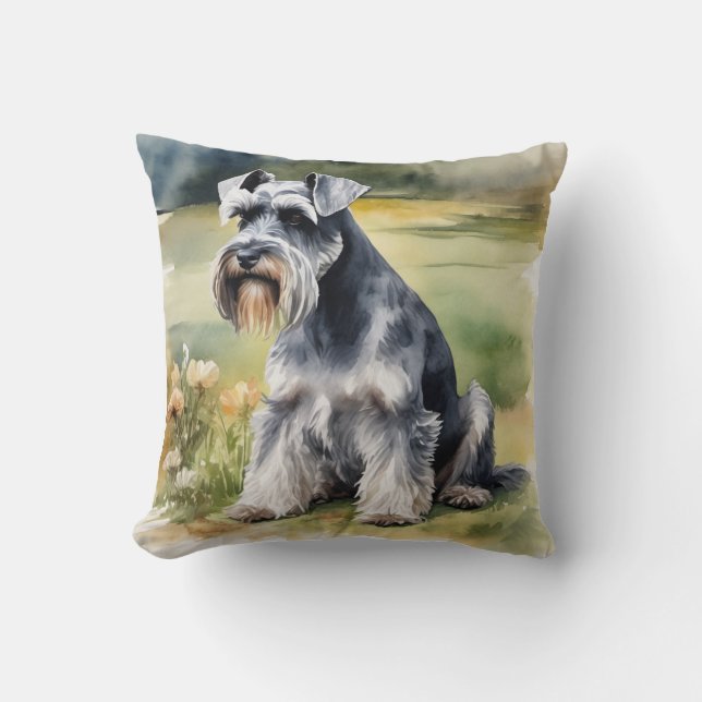 Coussin Schnauzer miniature dans le jardin - Aquarelle (Recto)