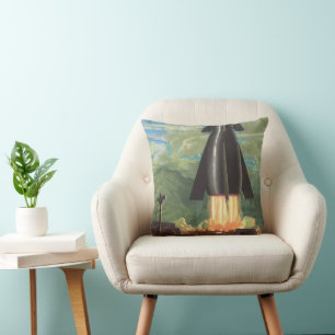 Coussin Science-fiction vintage, fusée décollant de la Ter