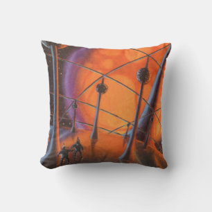 Coussin Science-fiction vintage, soleil orange et extrater