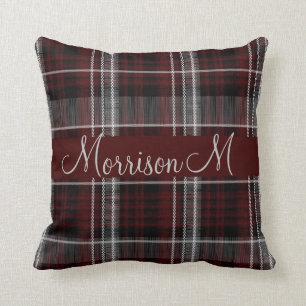 Coussin Scotland Tartan Bourgogne Gris Plaid Monogramme