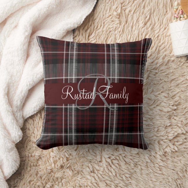 Coussin Scotland Tartan Bourgogne Gris Plaid Monogramme (Couverture)