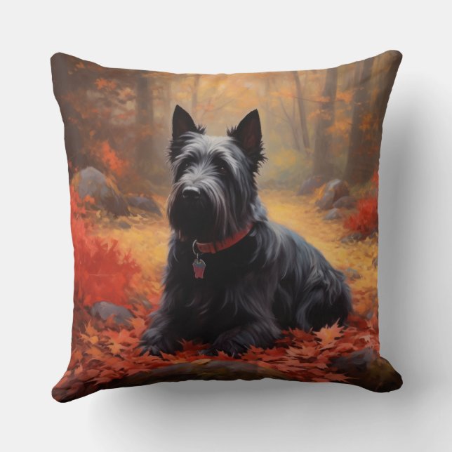 Coussin Scottish Terrier dans les feuilles d'automne qui t (Verso)
