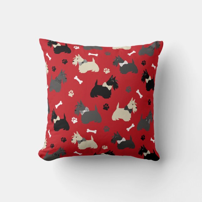 Coussin Scottish Terrier Paws and Bones Red Throw Pillow (Recto)