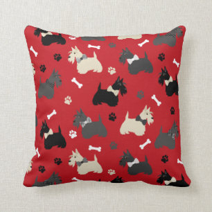 Coussin Scottish Terrier Paws and Bones Red Throw Pillow