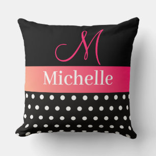 Coussin Script de monogramme noir blanc rose pois