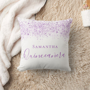 Coussin Script de nom blanc pourpre Quinceanera